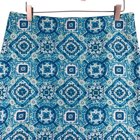 Talbots A-Line Skirt medallion canvas cotton aqua blue & white size 10 petites - Picture 11 of 12